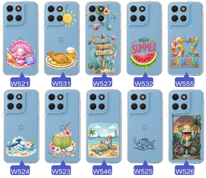 Różne wzory etui wakacyjnych do Motorola Moto G15 / G17 / Power z grafikami muszelek, ryby, plaży, arbuza, lodów, foki, kokosa i tropikalnego drinka