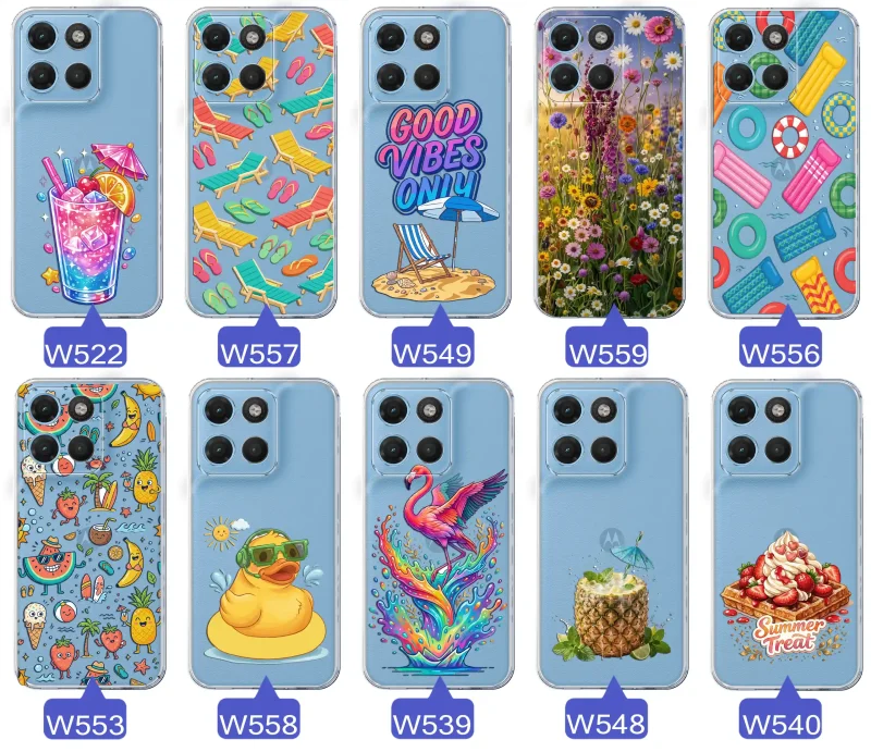 Zestaw przezroczystych etui do Motorola Moto G15 / G17 / Power z wakacyjnymi motywami drinka, leżaków, napisu good vibes, kwiatów, flaminga, ananasa i deseru