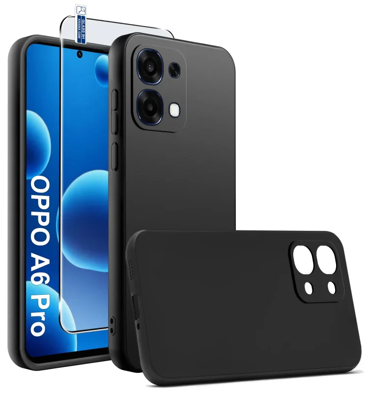 Czarne matowe etui silikonowe do Oppo A6 Pro 5G ze szkłem hartowanym 9H w zestawie