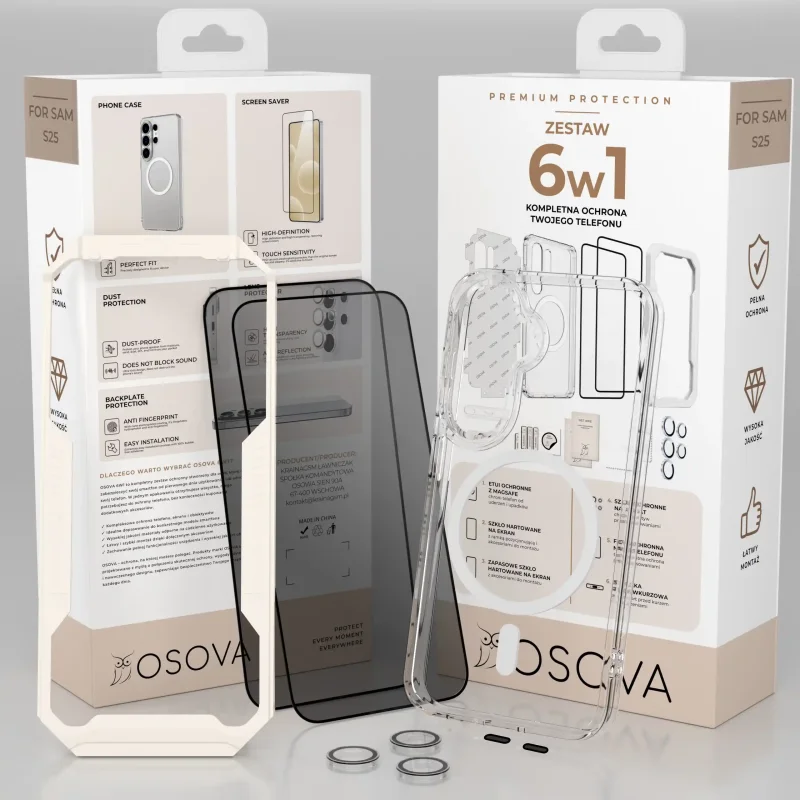 Zestaw ochronny 6w1 OSOVA do Samsung Galaxy S25 z etui do MagSafe, 2 szkłami prywatyzującymi, folią i ochroną aparatu