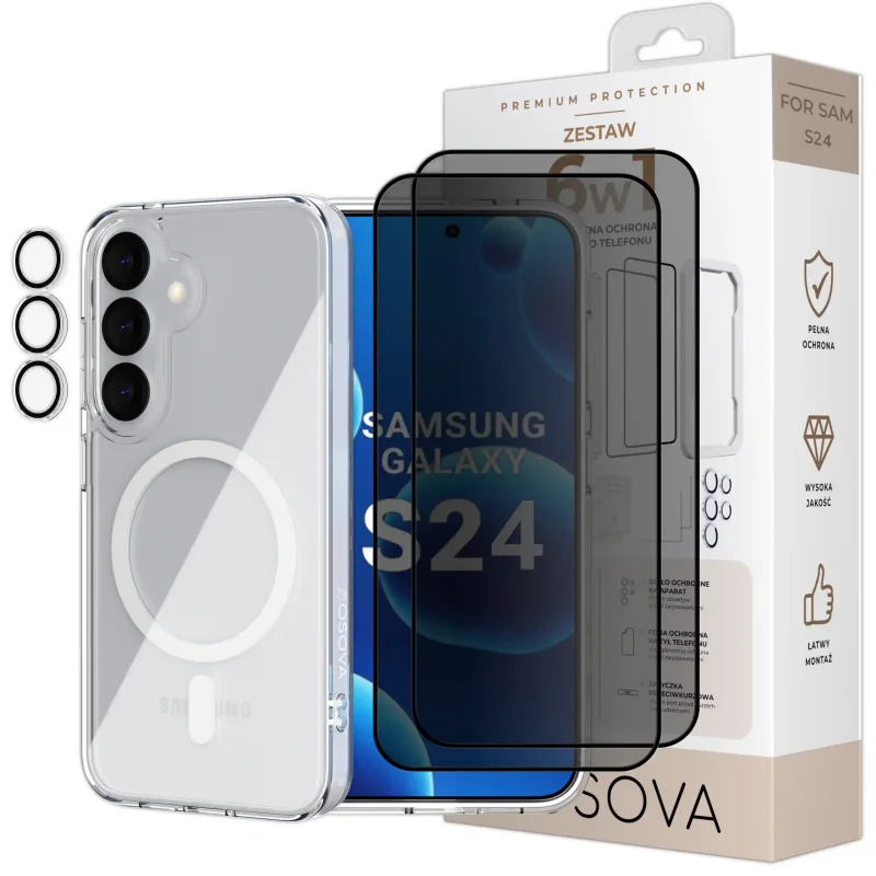 Zestaw ochronny 6w1 OSOVA do Samsung Galaxy S24 z etui do MagSafe, 2 szkłami prywatyzującymi i ochroną aparatu