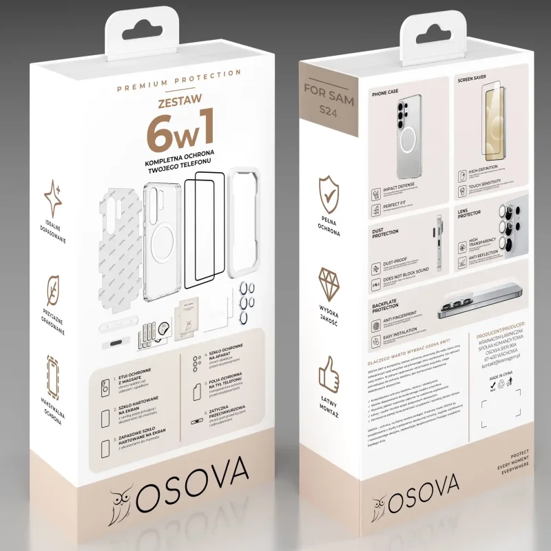 Opakowanie zestawu OSOVA 6w1 do Samsung Galaxy S24 z etui do MagSafe, szkłami prywatyzującymi i akcesoriami ochronnymi
