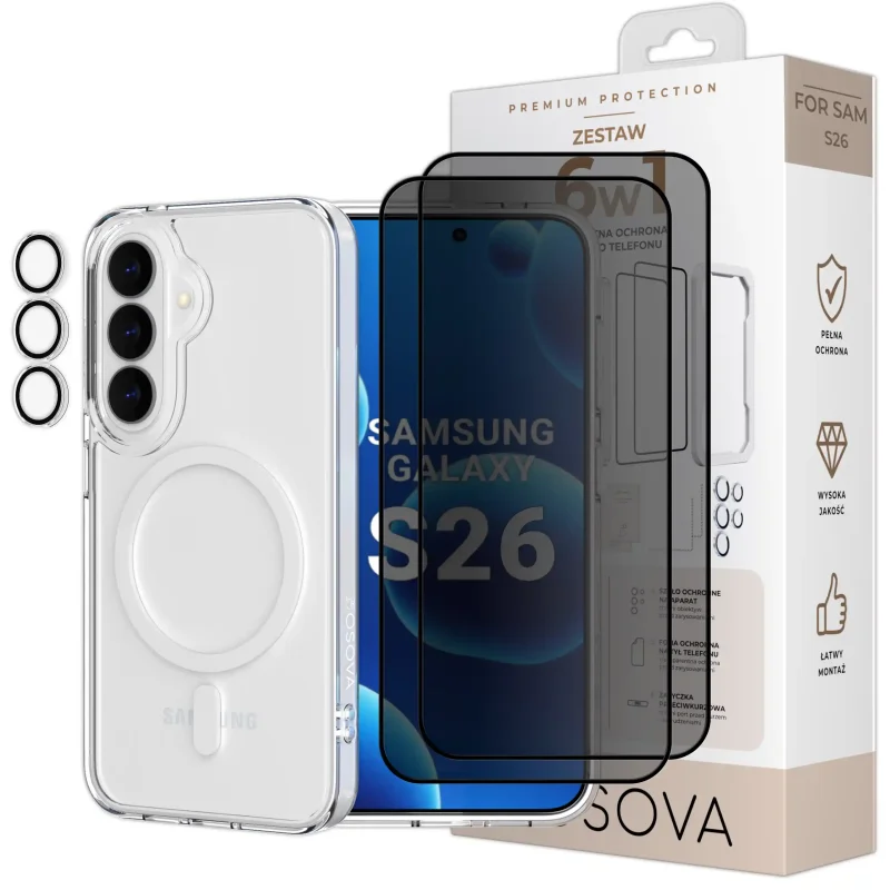 Zestaw ochronny 6w1 OSOVA do Samsung Galaxy S26 z etui do MagSafe, 2 szkłami prywatyzującymi i ochroną aparatu