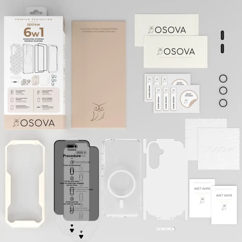 Zawartość zestawu OSOVA 6w1 do Samsung Galaxy S26 z etui, szkłami prywatyzującymi, folią i akcesoriami montażowymi