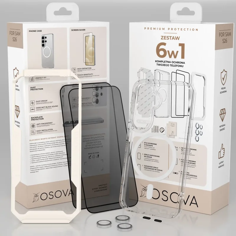Zestaw ochronny 6w1 OSOVA do Samsung Galaxy S26 z etui do MagSafe, 2 szkłami prywatyzującymi, folią i ochroną aparatu