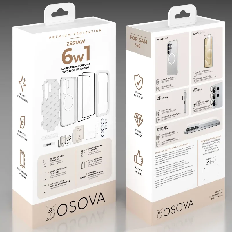 Opakowanie zestawu OSOVA 6w1 do Samsung Galaxy S26 z etui do MagSafe, szkłami prywatyzującymi i akcesoriami ochronnymi