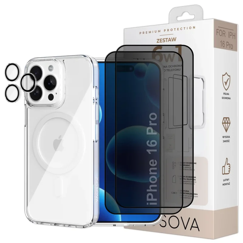 Zestaw ochronny 6w1 OSOVA do iPhone 16 Pro z etui do MagSafe, 2 szkłami prywatyzującymi i ochroną aparatu
