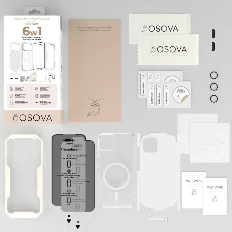 Zawartość zestawu OSOVA 6w1 do iPhone 16 Pro z etui, szkłami prywatyzującymi, folią i akcesoriami montażowymi