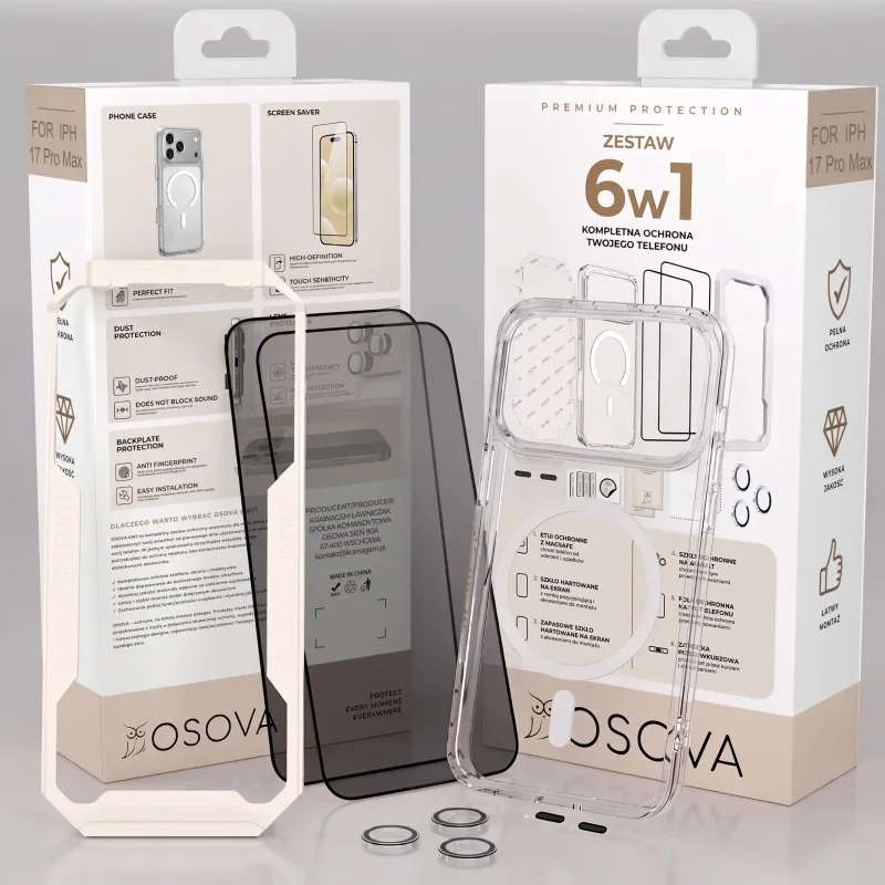 Zestaw ochronny 6w1 OSOVA do iPhone 17 Pro Max z etui do MagSafe, 2 szkłami prywatyzującymi, folią i ochroną aparatu