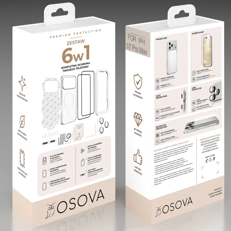 Opakowanie zestawu OSOVA 6w1 do iPhone 17 Pro Max z etui do MagSafe, szkłami prywatyzującymi i akcesoriami ochronnymi
