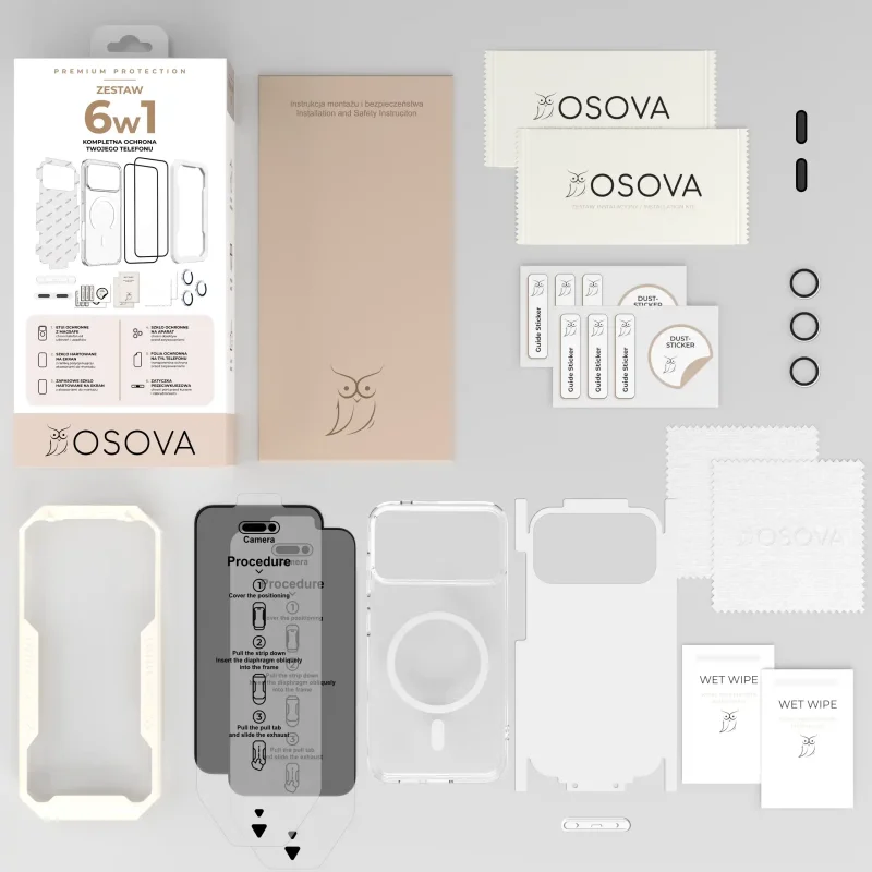 Zawartość zestawu OSOVA 6w1 do iPhone 17 Pro z etui, szkłami prywatyzującymi, folią i akcesoriami montażowymi