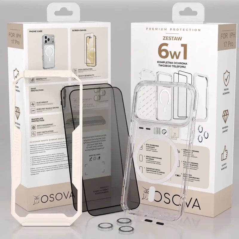 Zestaw ochronny 6w1 OSOVA do iPhone 17 Pro z etui do MagSafe, 2 szkłami prywatyzującymi, folią i ochroną aparatu