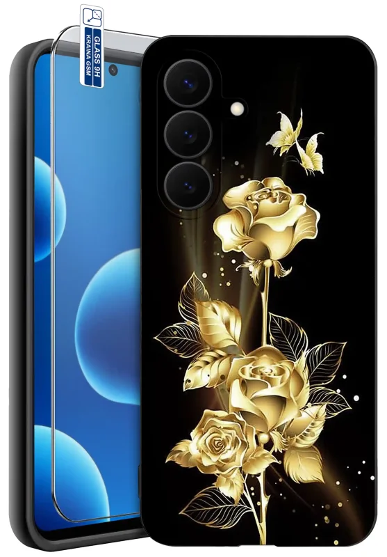 Etui fajne wzory do Samsung Galaxy S26 FE ze złotymi różami i motylami oraz szkłem hartowanym 9H w zestawie