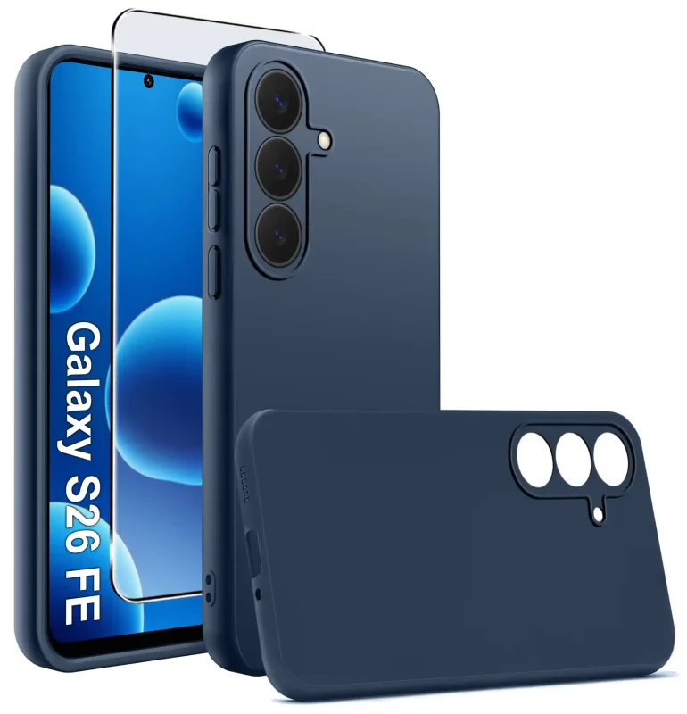 Granatowe matowe etui silikonowe do Samsung Galaxy S26 FE ze szkłem hartowanym 9H w zestawie