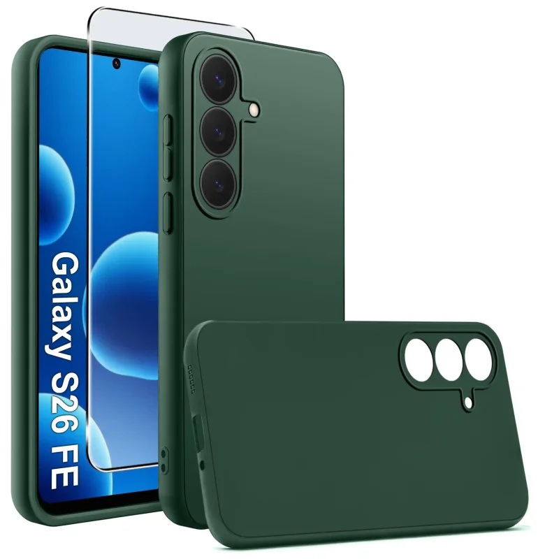 Zielone matowe etui silikonowe do Samsung Galaxy S26 FE ze szkłem hartowanym 9H w zestawie