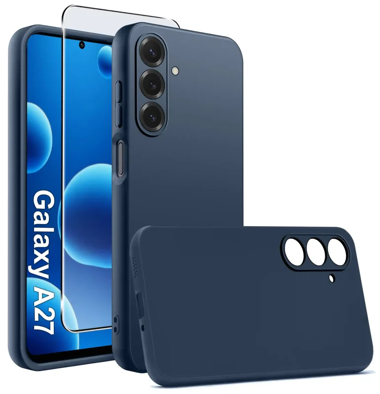 Granatowe matowe etui silikonowe do Samsung Galaxy A27 5G ze szkłem hartowanym 9H w zestawie