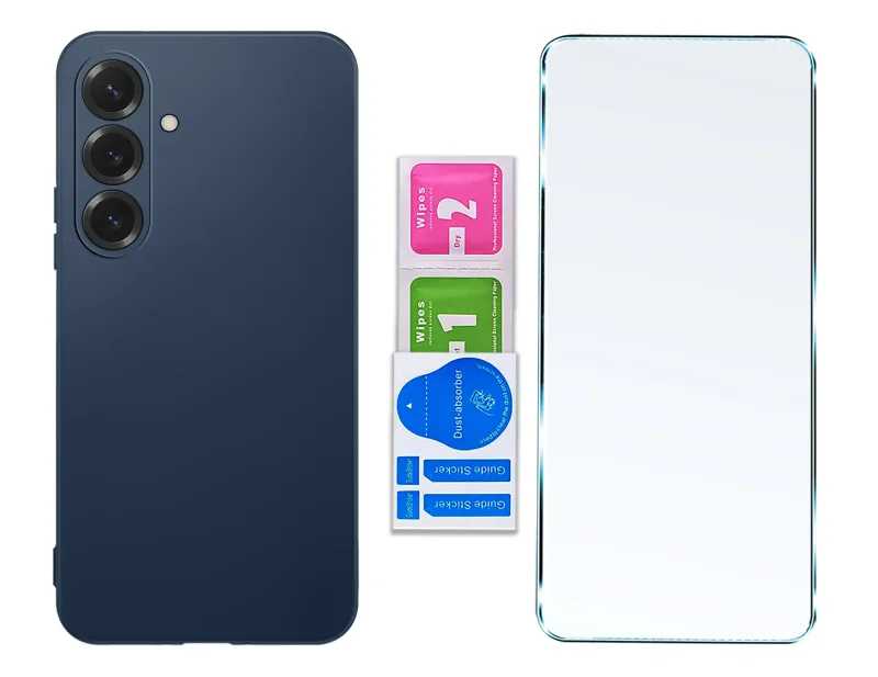 Matowe granatowe etui silikonowe do Samsung Galaxy A27 5G ze szkłem hartowanym i zestawem montażowym