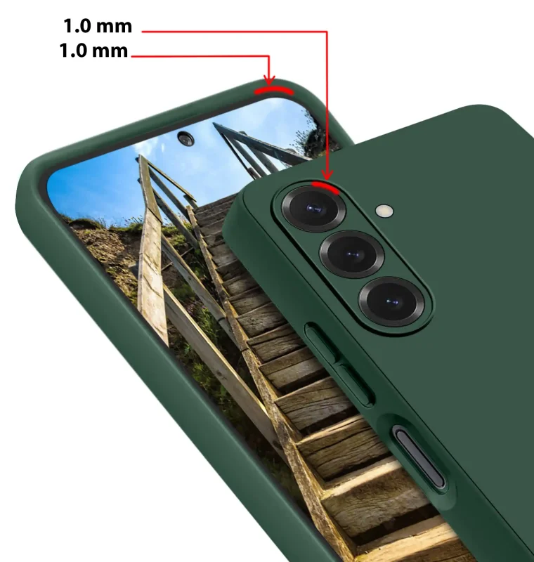 Zielone etui do Samsung Galaxy A27 5G z podwyższonym rantem 1 mm przy ekranie i wyspie aparatów
