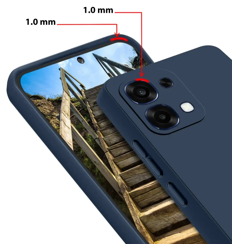 Granatowe etui do Oppo A6 Pro 5G z podwyższonym rantem 1 mm przy ekranie i wyspie aparatów