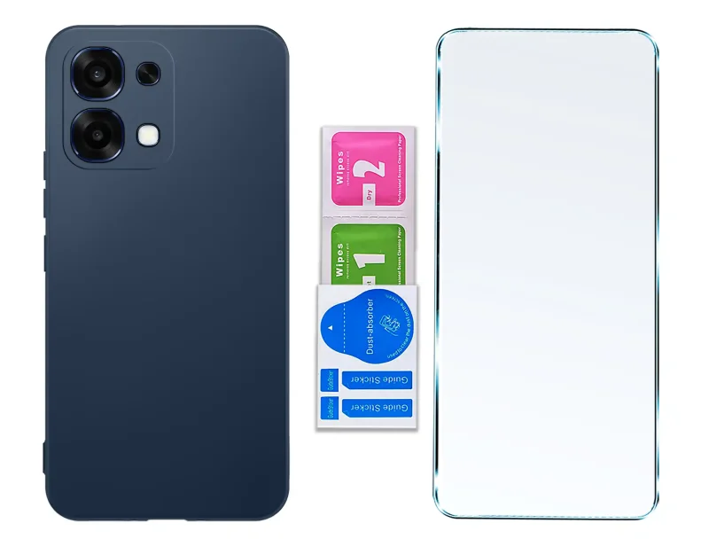 Matowe granatowe etui silikonowe do Oppo A6 Pro 5G ze szkłem hartowanym i zestawem montażowym