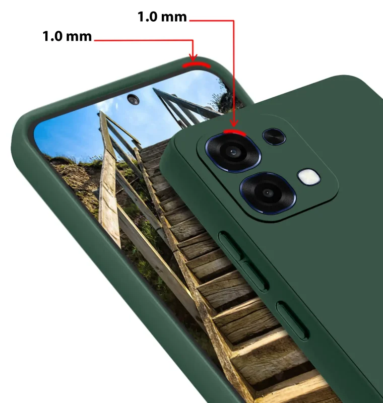 Zielone etui do Oppo A6 Pro 5G z podwyższonym rantem 1 mm przy ekranie i wyspie aparatów