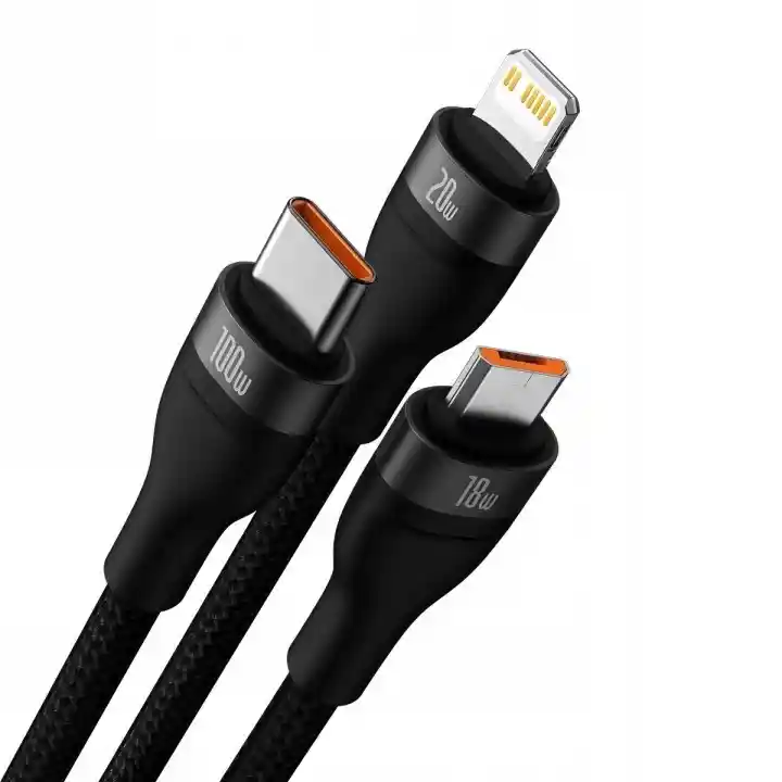 Końcówki kabla Baseus 3w1: Lightning 20W, USB-C 100W i micro USB 18W