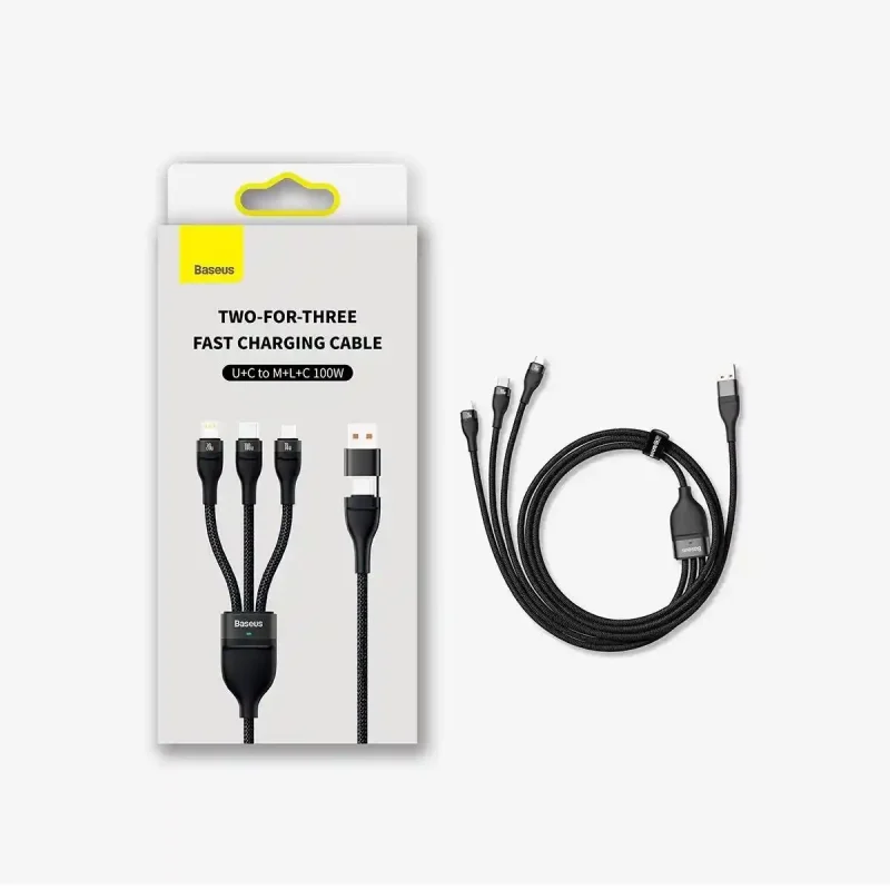Kabel Baseus 3w1 100W o długości 1,2 m obok oryginalnego opakowania