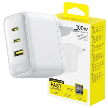 Szybka ładowarka sieciowa Baseus GAN 100W 2x USB-C 1x USB-A biała