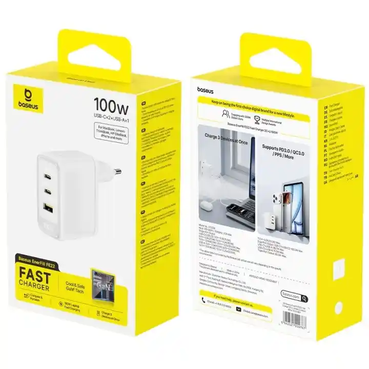 Opakowanie białej ładowarki Baseus EnerFill FE22 GaN 100W z informacjami o 3 portach i szybkim ładowaniu