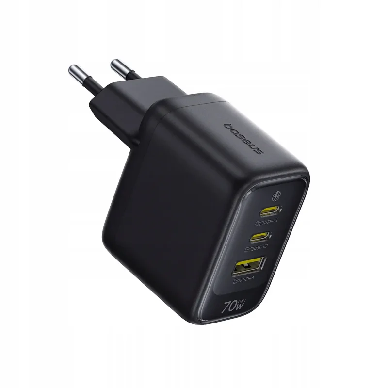 Ładowarka sieciowa Baseus GaN 70W z europejską wtyczką oraz portami USB-C i USB-A