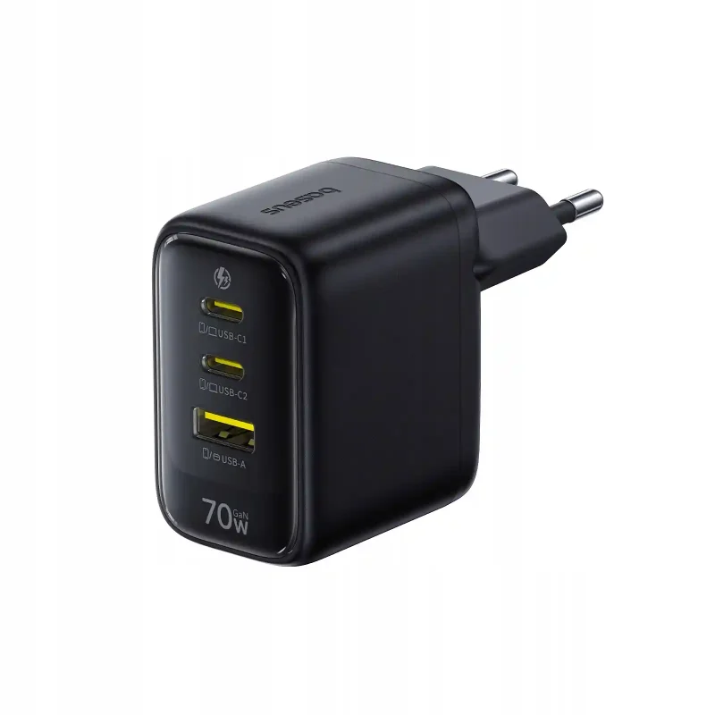 Czarna ładowarka Baseus EnerFill FE22 GaN 70W z trzema portami 2× USB-C i 1× USB-A