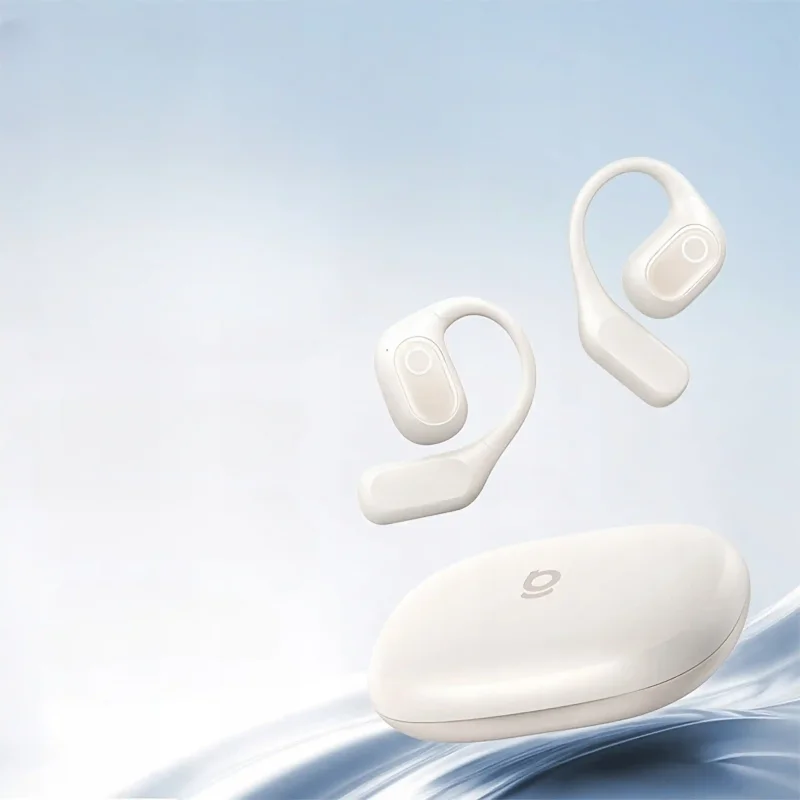Białe słuchawki Baseus Eli 2i Fit open-ear z zausznikami i zamkniętym etui ładującym
