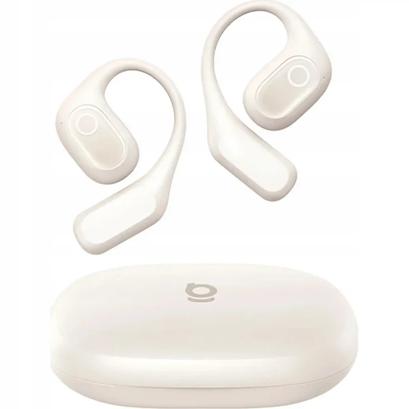 Para białych słuchawek Baseus Eli 2i Fit open-ear z zausznikami oraz etui ładującym