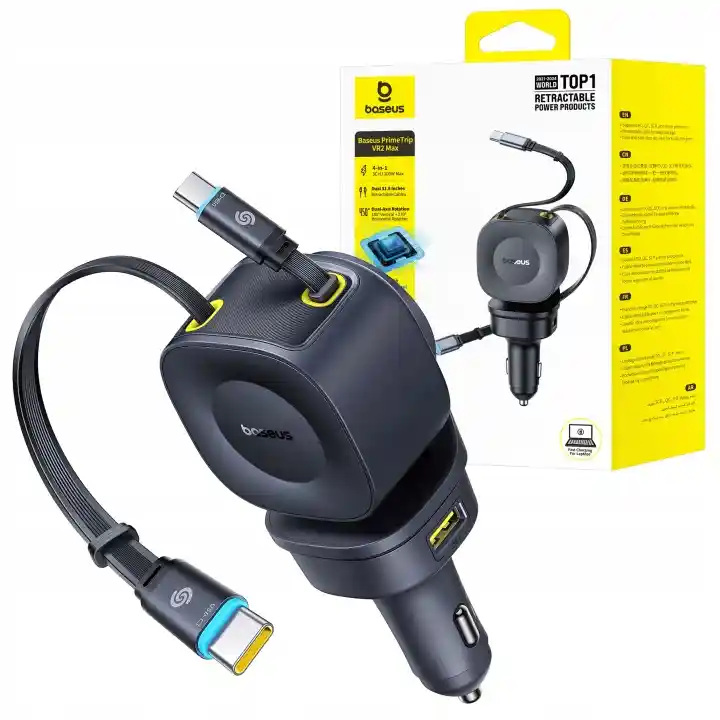 Ładowarka samochodowa Baseus PrimeTrip VR2 Max 100W z dwoma chowanymi kablami USB-C i opakowaniem