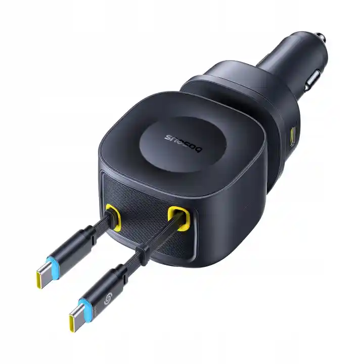 Czarna ładowarka samochodowa Baseus PrimeTrip VR2 Max z dwoma wysuwanymi przewodami USB-C