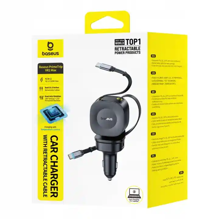 Opakowanie ładowarki samochodowej Baseus PrimeTrip VR2 Max 100W z chowanymi kablami USB-C