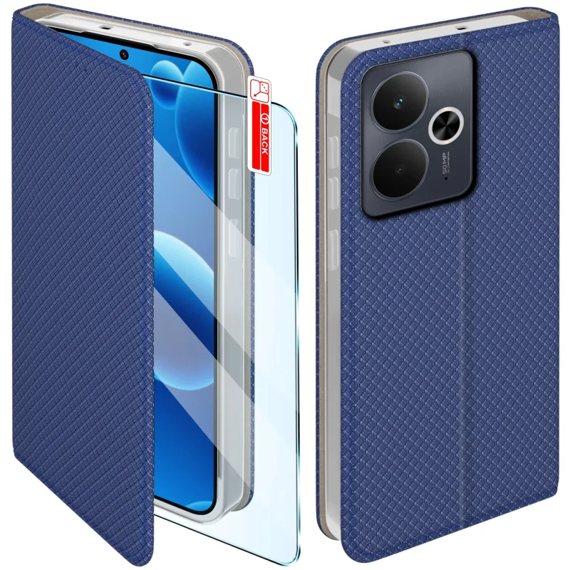 Granatowe etui z klapką do Realme 14T 5G ze szkłem hartowanym 9H widok z przodu i z tyłu