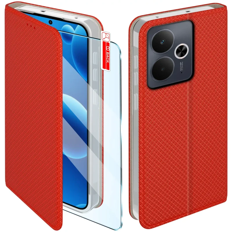 Czerwone etui z klapką do Realme 14T 5G ze szkłem hartowanym 9H widok z przodu i z tyłu