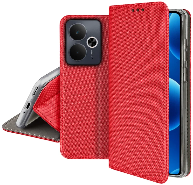 Czerwone etui z klapką do Realme 14T 5G z funkcją stojaka i wycięciem na aparat