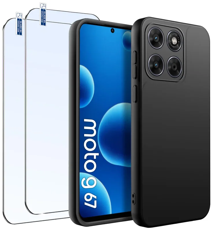 Czarne matowe etui silikonowe do Motorola Moto G67 5G / G77 5G z dwoma szkłami hartowanymi 9H w zestawie
