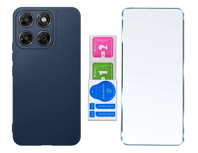 Granatowe etui do Motorola Moto G67 5G / G77 5G ze szkłem hartowanym 9H i akcesoriami montażowymi
