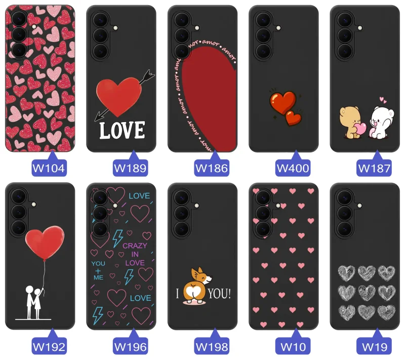 Kolekcja walentynkowych etui do Samsung Galaxy S26 FE: różne wzory z sercami i napisami love