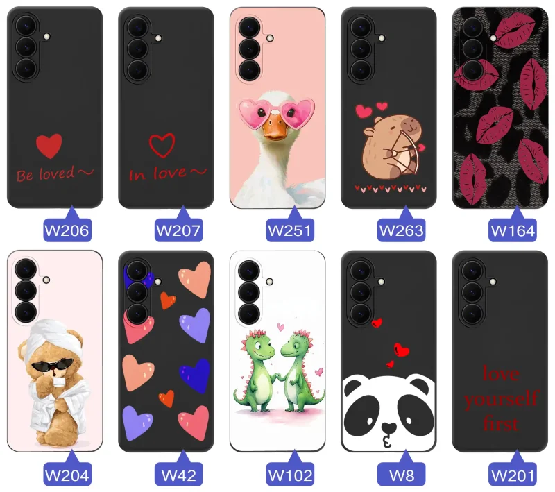 Kolekcja walentynkowych etui do Samsung Galaxy S26 FE: różne wzory z sercami i napisami love