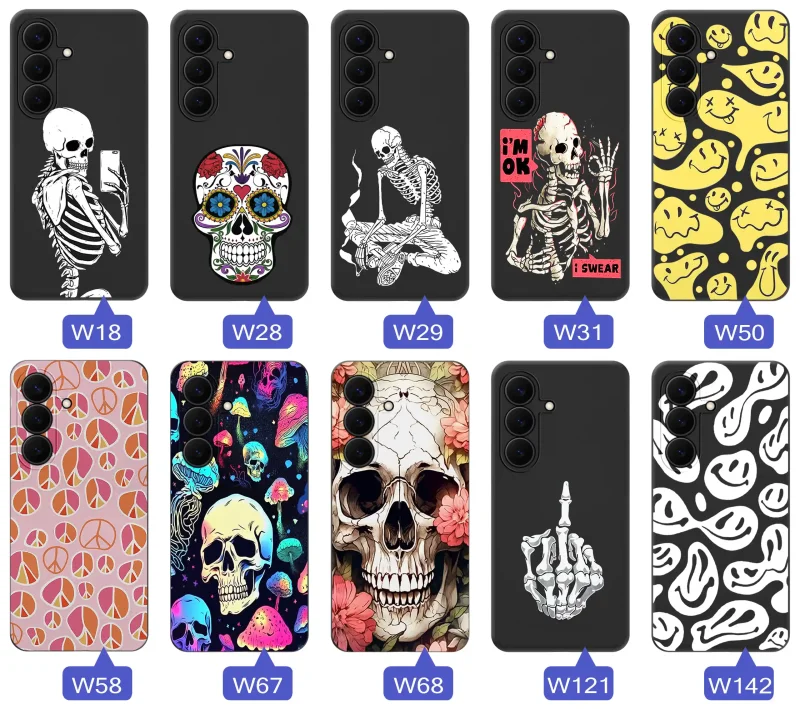 Kolekcja różnych wzorów etui Halloween do Samsung Galaxy S26 FE z motywami czaszek, szkieletów, uśmiechów i grafik w stylu dark
