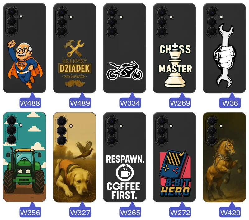 Kolekcja wzorów etui dla dziadka do Samsung Galaxy S26 FE: Super Dziadek, narzędzia, szachy, motocykl, traktor, pies, koń i retro gaming