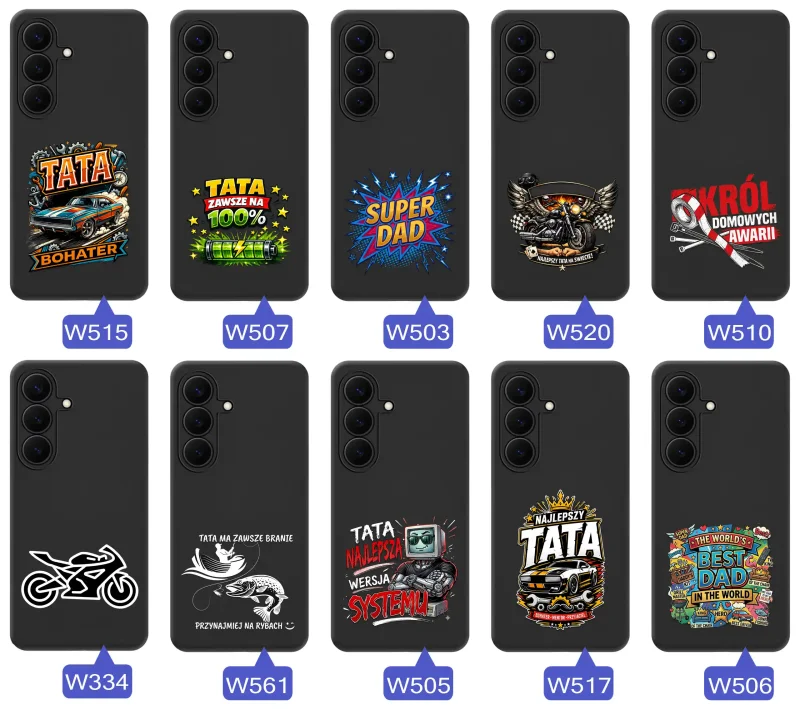 Kolekcja etui dla Taty do Samsung Galaxy S26 FE z motywami samochodów, motocykli, narzędzi i wędkarstwa oraz napisami Super Tata, Best Dad i Król Domowych Awarii