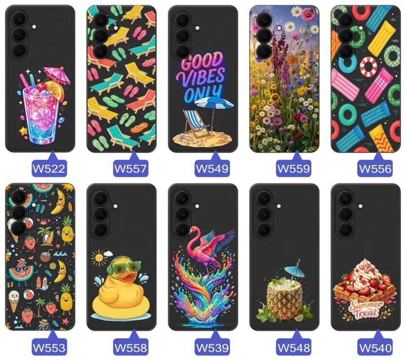 Różne letnie wzory etui do Samsung Galaxy S26 FE z motywami leżaków, napojów, kwiatów, materacy, flamingów i owoców