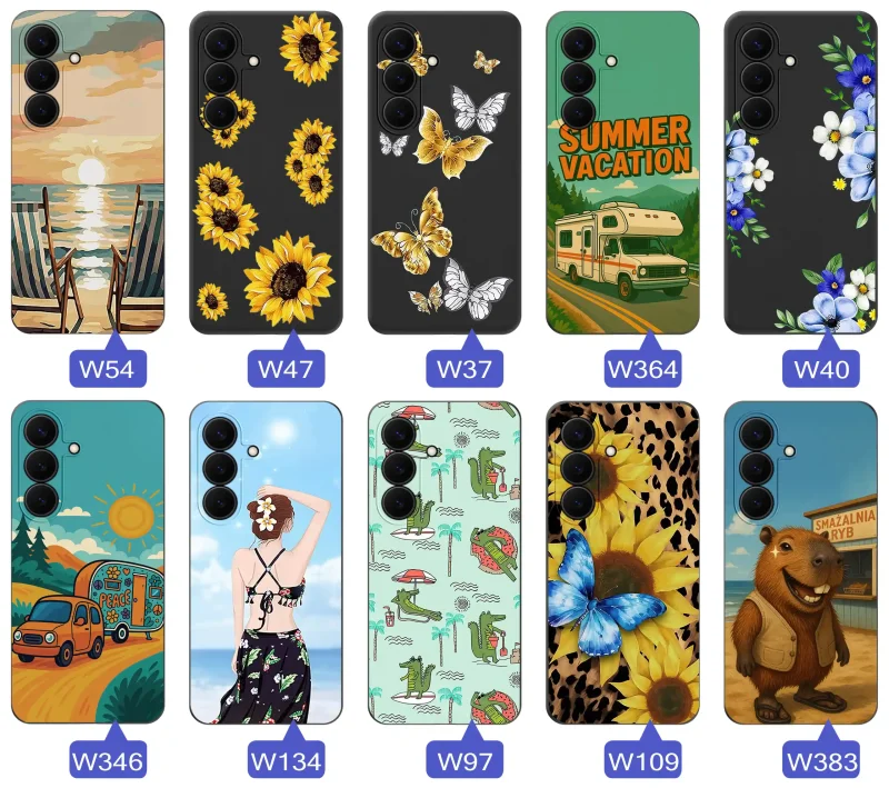 Zestaw etui do Samsung Galaxy S26 FE z letnimi wzorami słoneczników, motyli, kampera, plaży, krokodyli i kapibary