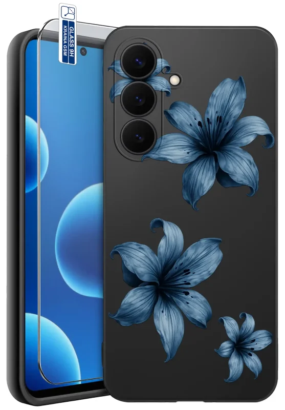 Etui wiosenne do Samsung Galaxy S26 FE z nadrukiem niebieskich kwiatów i szkłem hartowanym 9H