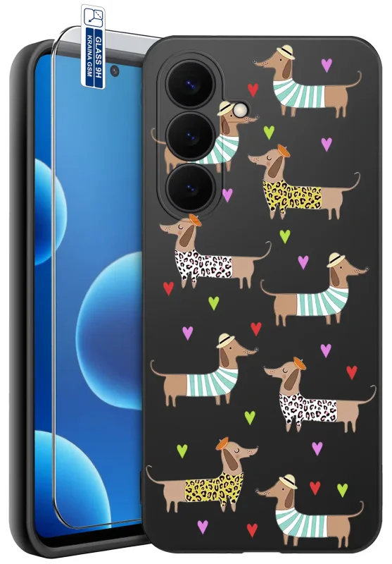 Etui z psem do Samsung Galaxy S26 FE z nadrukiem jamników w kolorowych ubrankach i szkłem hartowanym 9H
